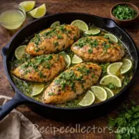cilantro lime skillet chicken garnished with fresh cilantro in a pan on a dark rustic wooden table