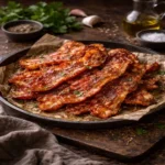 Perfectly crispy air fryer bacon strips on a plate