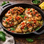 chicken pesto skillet with creamy basil sauce and parmesan