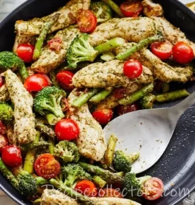 chicken pesto skillet with creamy basil sauce and parmesan