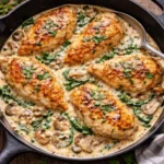 creamy garlic chicken in a skillet on a dark rustic wooden table