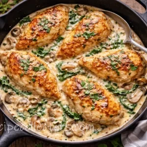 creamy garlic chicken in a skillet on a dark rustic wooden table