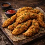 Crispy air fryer chicken tenders with golden coating served on a plate
