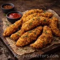 Crispy air fryer chicken tenders with golden coating served on a plate