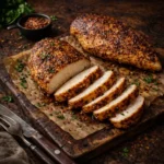 Crispy air fryer chicken thighs with golden skin served on a dark plate