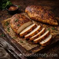 Crispy air fryer chicken thighs with golden skin served on a dark plate