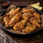 Crispy air fryer frozen chicken wings with golden skin served on a plate