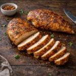Juicy air fryer chicken breast sliced on a board with a golden seasoned crust