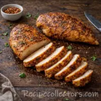 Juicy air fryer chicken breast sliced on a board with a golden seasoned crust