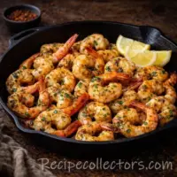 Juicy air fryer shrimp with garlic lemon seasoning served on a dark plate