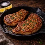 Juicy air fryer steak sliced with a browned crust on a cutting board