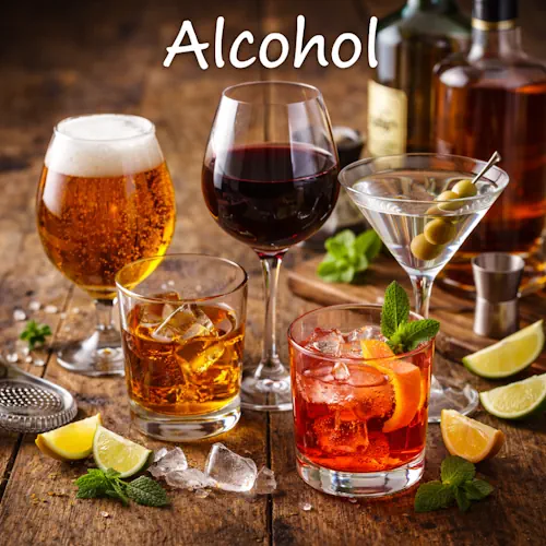 Alcoholic drinks recipes with colorful cocktails on a rustic wooden table