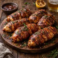BBQ Bacon Wrapped Chicken on rustic wooden table