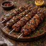 BBQ Beef Skewers on rustic wooden table
