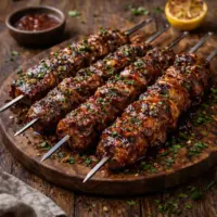 BBQ Beef Skewers on rustic wooden table