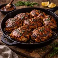 BBQ Chicken Thighs on rustic wooden table
