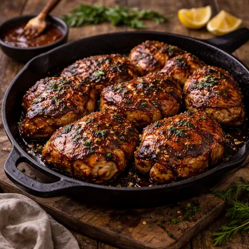 BBQ Chicken Thighs on rustic wooden table