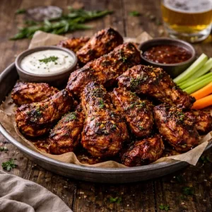 BBQ Chicken Wings on rustic wooden table