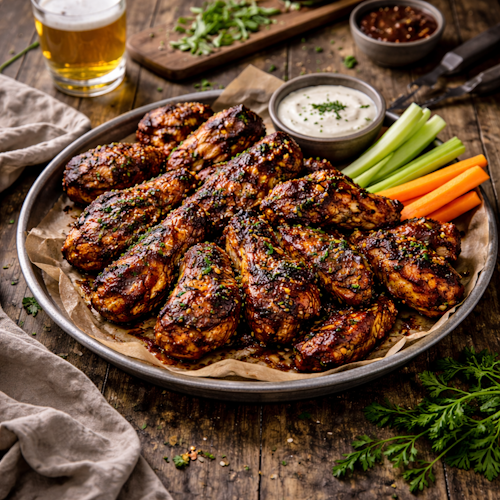 BBQ Chicken Wings on rustic wooden table