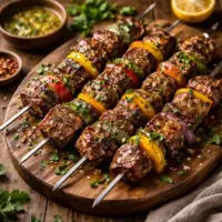 BBQ Garlic Butter Steak Skewers op rustieke houten tafel