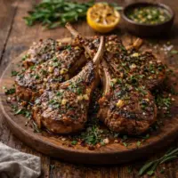 BBQ Garlic Herb Lamb Chops on rustic wooden table