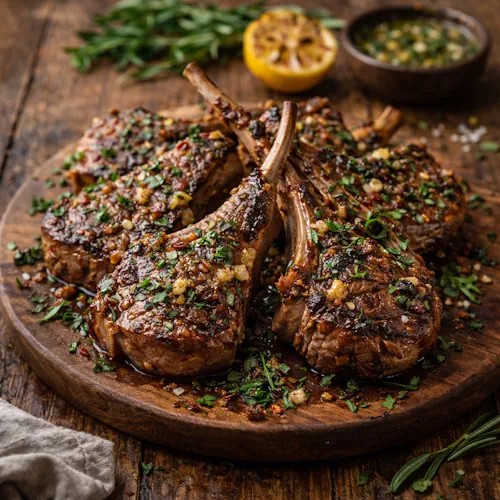BBQ Garlic Herb Lamb Chops on rustic wooden table