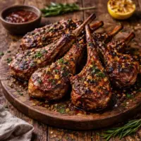 BBQ Lamb Chops on rustic wooden table