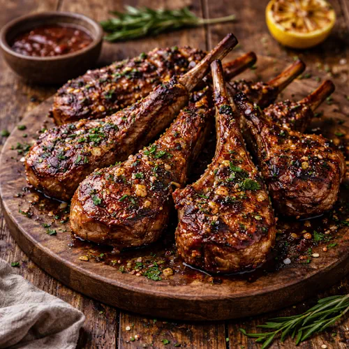 BBQ Lamb Chops on rustic wooden table