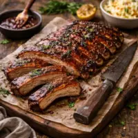 BBQ Pork Ribs on rustic wooden table