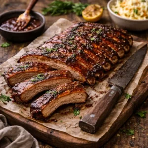 BBQ Pork Ribs on rustic wooden table