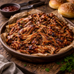 BBQ Pulled Pork on rustic wooden table