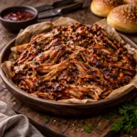 BBQ Pulled Pork on rustic wooden table