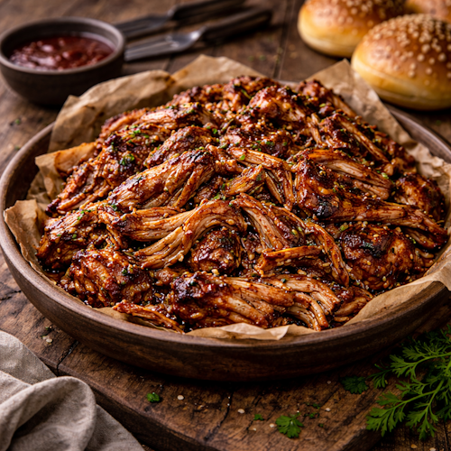 BBQ Pulled Pork on rustic wooden table
