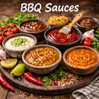 BBQ Sauces on a rustic wooden table