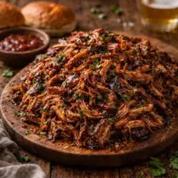 BBQ Smoky Pulled Pork on rustic wooden table