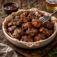 BBQ Steak Bites on rustic wooden table
