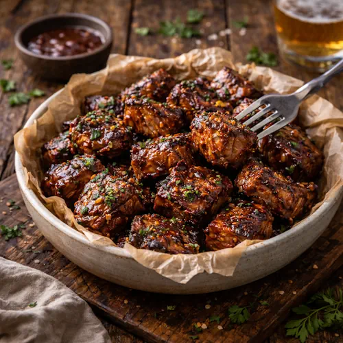 BBQ Steak Bites on rustic wooden table