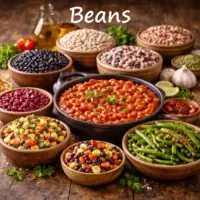 Bean recipes with hearty homemade bean dishes on a rustic wooden table