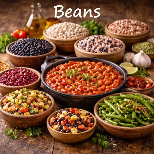 Bean recipes with hearty homemade bean dishes on a rustic wooden table