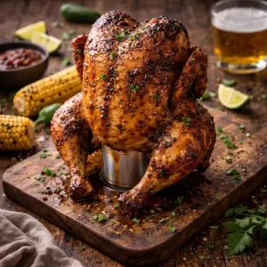 Beer can chicken on rustic wooden table
