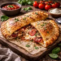 calzone recipe on a rustic wooden table