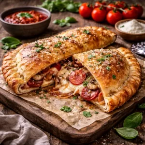 calzone recipe on a rustic wooden table