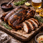 Cherry wood smoked chicken on rustic wooden table