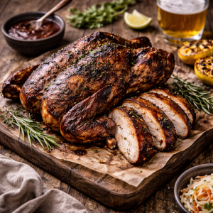 Cherry wood smoked chicken on rustic wooden table