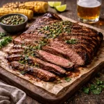 Grilled iowa flank skirt steak on rustic wooden table