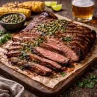 Grilled iowa flank skirt steak on rustic wooden table