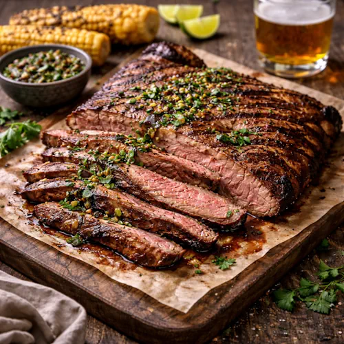 Grilled iowa flank skirt steak on rustic wooden table