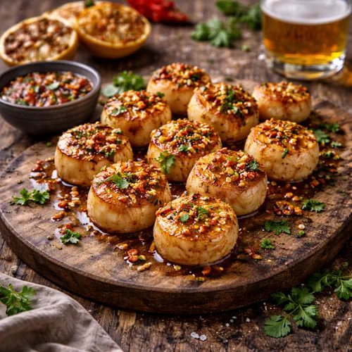 Grilled scallops with chilli garlic butter on rustic wooden table