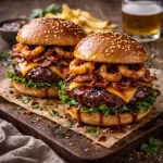 BBQ beef burgers grilled with melted cheese and toppings