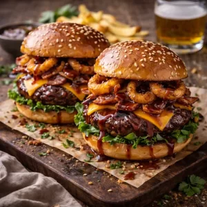 BBQ beef burgers grilled with melted cheese and toppings